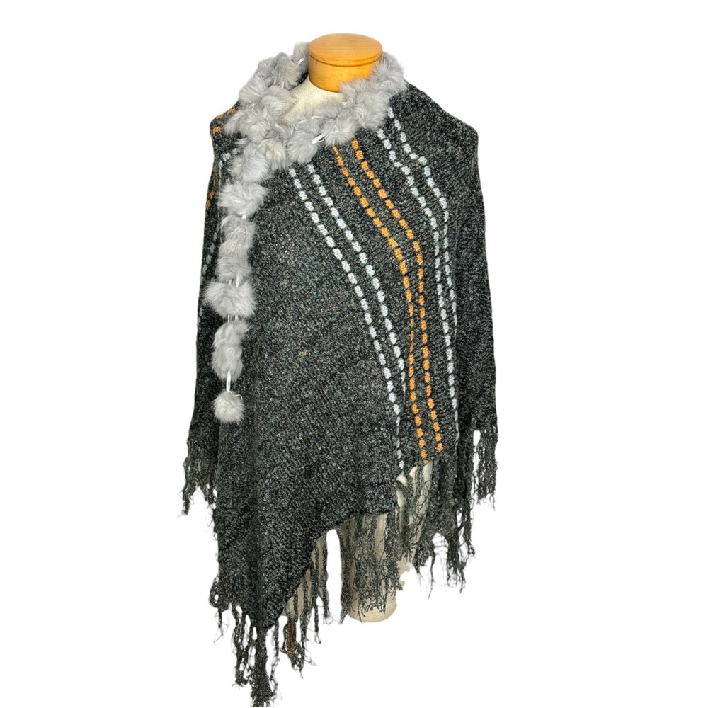 Verty Pom Pom Faux Fur Trim Knit Fringe Poncho One Size Whimsical Avant Garde